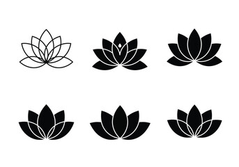 Collection of lotus flower icons isolated on white background, representing purity, enlightenment, and spiritual awakening in various minimalist designs
