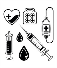 Medical icons set with symbols for medicine health care and hospital including syringe thermometer bottle and aid vector illustrations for web design
