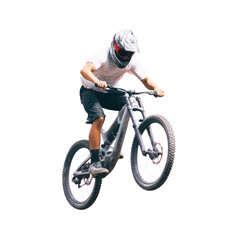 Obraz premium Dynamic Male Mountain Biker Performing Tricks on Bicycle in Outdoor Setting with Motion Blur Effect