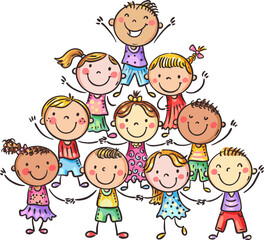 Many children standing and holding hands. Cartoon kids clipart. Group of multiethnic kindergarten boys and girls