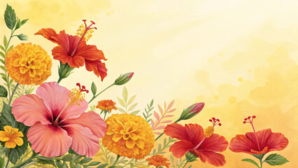 Tropical hibiscus and marigold flowers in warm coral, orange, and yellow tones on sunny golden watercolor background.