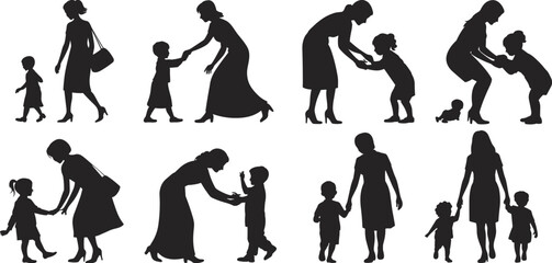 Elegant mother and children silhouettes, family love and care, nurturing moments, parent-child connection, motherhood clipart, holding hands, family togetherness, kids with mom, parent nurturing