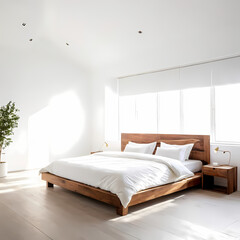 Minimalist White Bedroom with Wooden Bed and Sunlight 