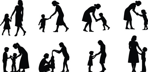 Silhouettes of mothers with children, loving family moments, parenting and nurturing clipart, mothers teaching kids, holding hands, caring mother-child interactions, family bonding illustrations