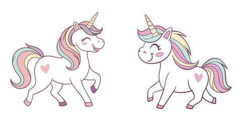 Cute Cartoon Unicorns with Heart-Shaped Markings