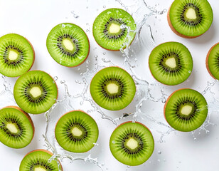 Fresh Kiwi Slices Splashing Water Against a White Background for a Healthy Lifestyle