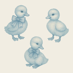Vintage French style Easter ducklings in blue and white colours