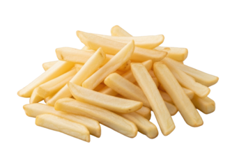A pile of raw, hand-cut french fries with irregular shapes and potato skin, pale off-white, isolated on a transparent background, soft studio light, fresh food concept