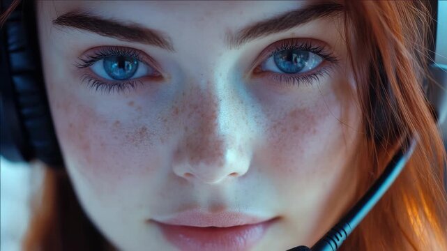 Young woman wearing headphones, focused on a computer screen with virtual reality goggles