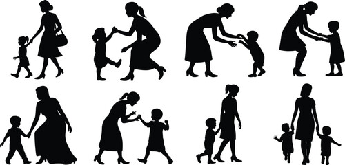 Mother and child silhouette set, family vector illustration, parent and kid walking and playing, loving bond clipart, motherhood, parenting, family love design