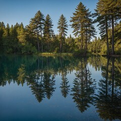Fototapeta premium A calm lake reflecting surrounding trees and sky