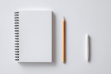 Clean workspace essential: blank spiral notebook, sharpened pencil, and white pen ready for creative ideation and note-taking