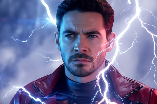 Intense man with a determined gaze, surrounded by dynamic electric energy and dramatic lighting, embodying power and focus