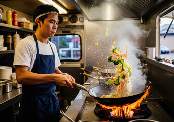 Chef in a food truck stir-frying vegetables in a wok with fire and smoke