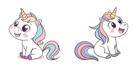 Cute Sitting Cartoon Unicorns with Rainbow Tails