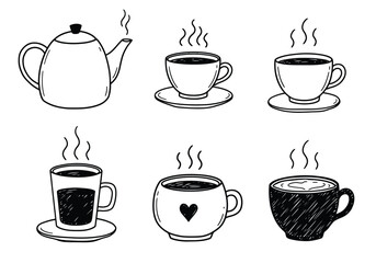 A collection of steaming hot teapot and cups isolated on white background, depicted in a minimalist black and white line art style for cafe and restaurant use