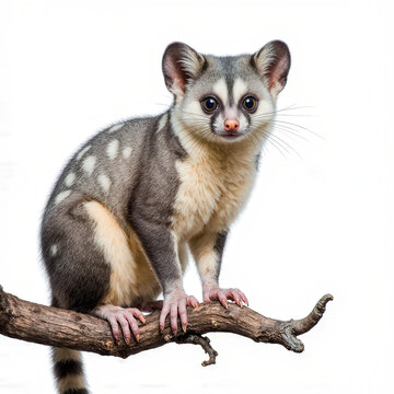 Spotted Cuscus on Branch: A charming spotted cuscus sits poised on a tree branch, its unique coat pattern beautifully displayed as it engages the viewer with a direct, inquisitive gaze.