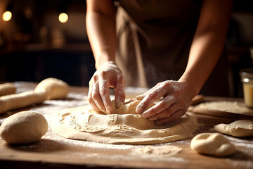 Fototapeta premium Female hands kneading bread dough on rustic wooden table in natural light