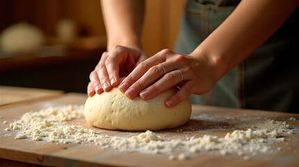 Female hands kneading bread dough on rustic wooden table in natural light