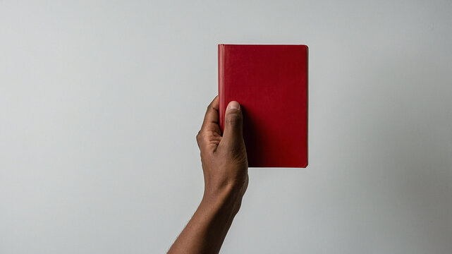 a person's hand holding a closed red book