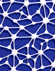 Abstract white neural network pattern on a vibrant blue background, representing technology, science, and interconnectedness.