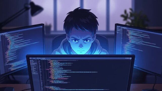 Animated coder intensely focused on debugging code across multiple monitors at night
