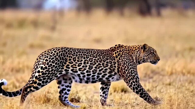 African leopard saunters elegantly across golden grassland on the prowl in serenity