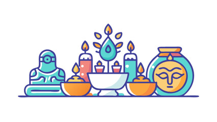 Obraz premium Illustration of a buddha statue with candles and a jar with a face in a flat style design