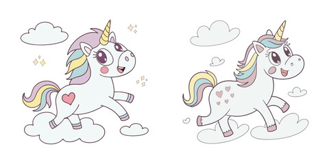 Obraz premium Cute Cartoon Unicorns with Rainbow Mane and Clouds