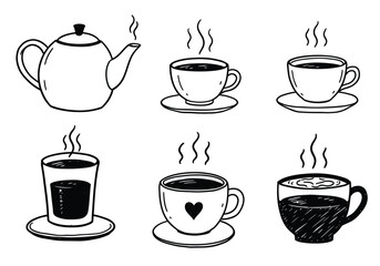 A collection of steaming hot teapot and cups isolated on white background, depicted in a minimalist black and white line art style for cafe and restaurant use