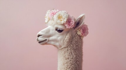 Obraz premium Calm alpaca in profile, flower crown around ears, concept of freedom from trials, generative ai