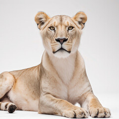 Obraz premium Regal Lioness: A majestic lioness, her gaze direct and unwavering, rests gracefully, embodying the power and serenity of the wild.