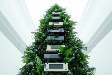 Modern Christmas tree adorned with tech devices, blending nature