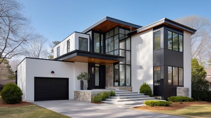 Fototapeta premium A modern house exterior with a blue sky featuring a balcony, large windows