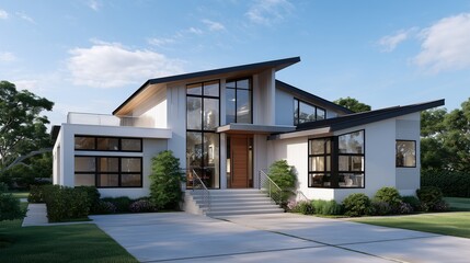 A modern house exterior with a blue sky
featuring a balcony, large windows