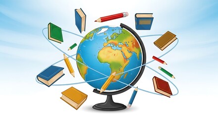 Global education concept illustration with books and pencils orbiting a world globe.