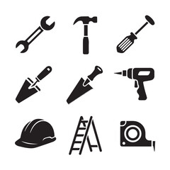 Fototapeta premium Vector art of set of black construction and diy tool icons isolated on white background