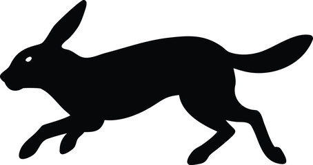 Black rabbit silhouette leaps forward dynamically against a pristine white backdrop; it is on transparent background