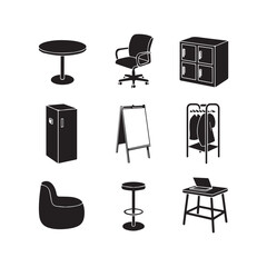Vector art of set of modern office furniture and equipment icons, including a table, chair, cabinet, easel, coat rack, beanbag, stool, and laptop, isolated on white background