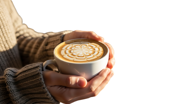 Hands holding a cup of latte art coffee isolated on transparent background