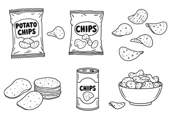 Handdrawn potato chips isolated on white background a collection of snack illustrations for foodrelated art and design projects