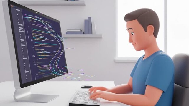 Animated developer coding on computer with data streams, cartoon style, in a bright office setting