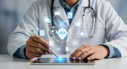 Doctor uses ai technology on tablet for healthcare