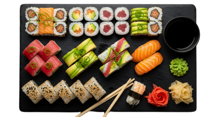 Sushi platter with assorted rolls, nigiri, and accompaniments isolated on transparent background
