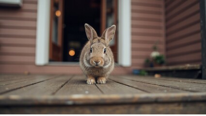 A cute rabbit in front of a house.