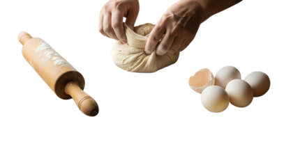 Baking ingredients with dough, rolling pin, and eggs isolated on transparent background