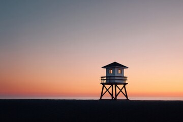 Lifeguard tower silhouetted against vibrant sunset sky over calm