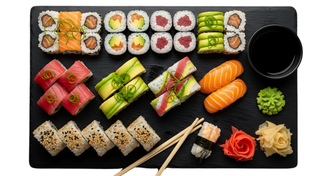 Sushi platter with assorted rolls, nigiri, and accompaniments isolated on transparent background - Powered by Adobe