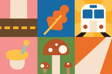 Naklejka premium Set of high quality icons Six Geometric Panels with Autumnal and Transportation Themes road highway