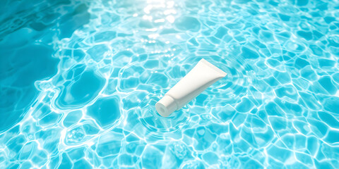 Bright blue water catches the sun's rays as a white tube of cream floats on the surface, suggesting relaxation and skincare in a serene outdoor environment